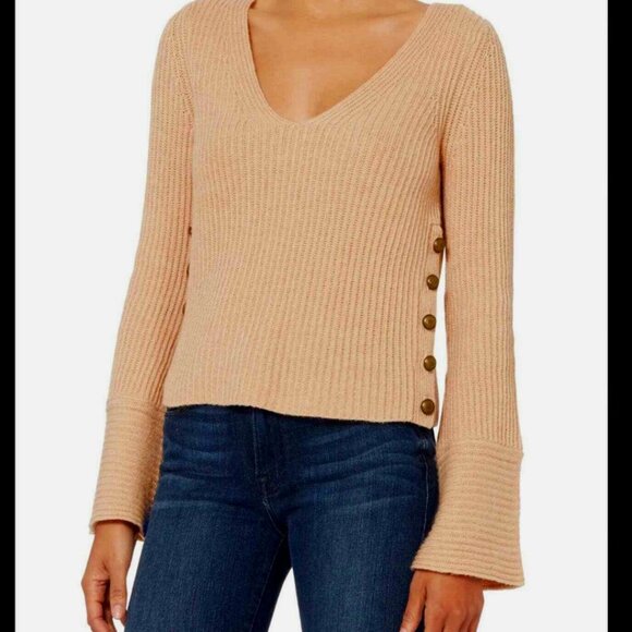 INTERMIX Haley Wool Cashmere Sweater V Neck with Button Detail & Bell Sleeve XS - Picture 1 of 12